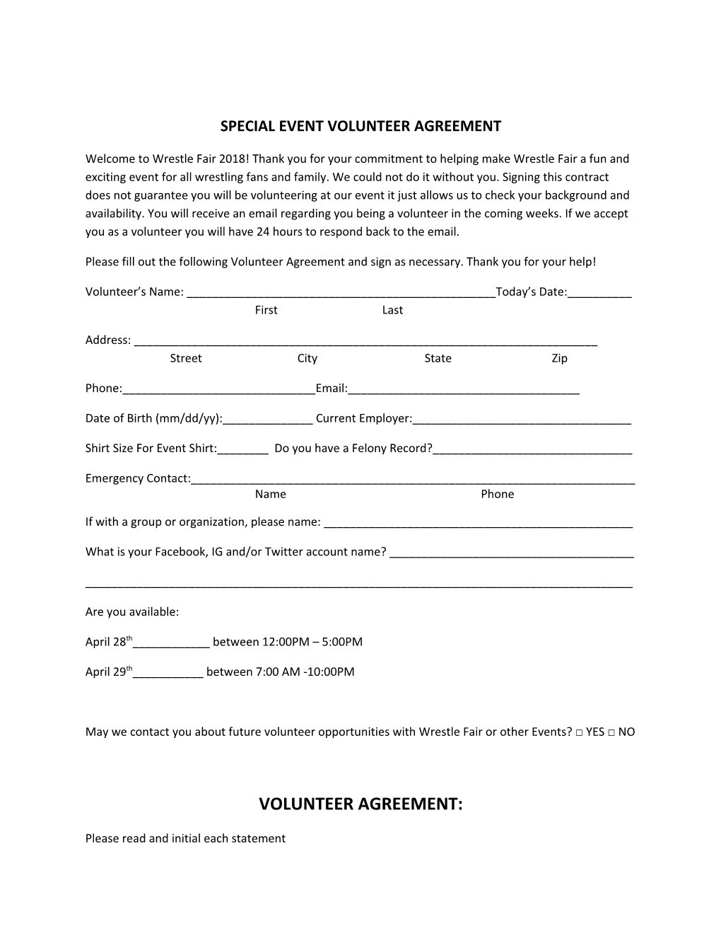 Special Event Volunteer Agreement