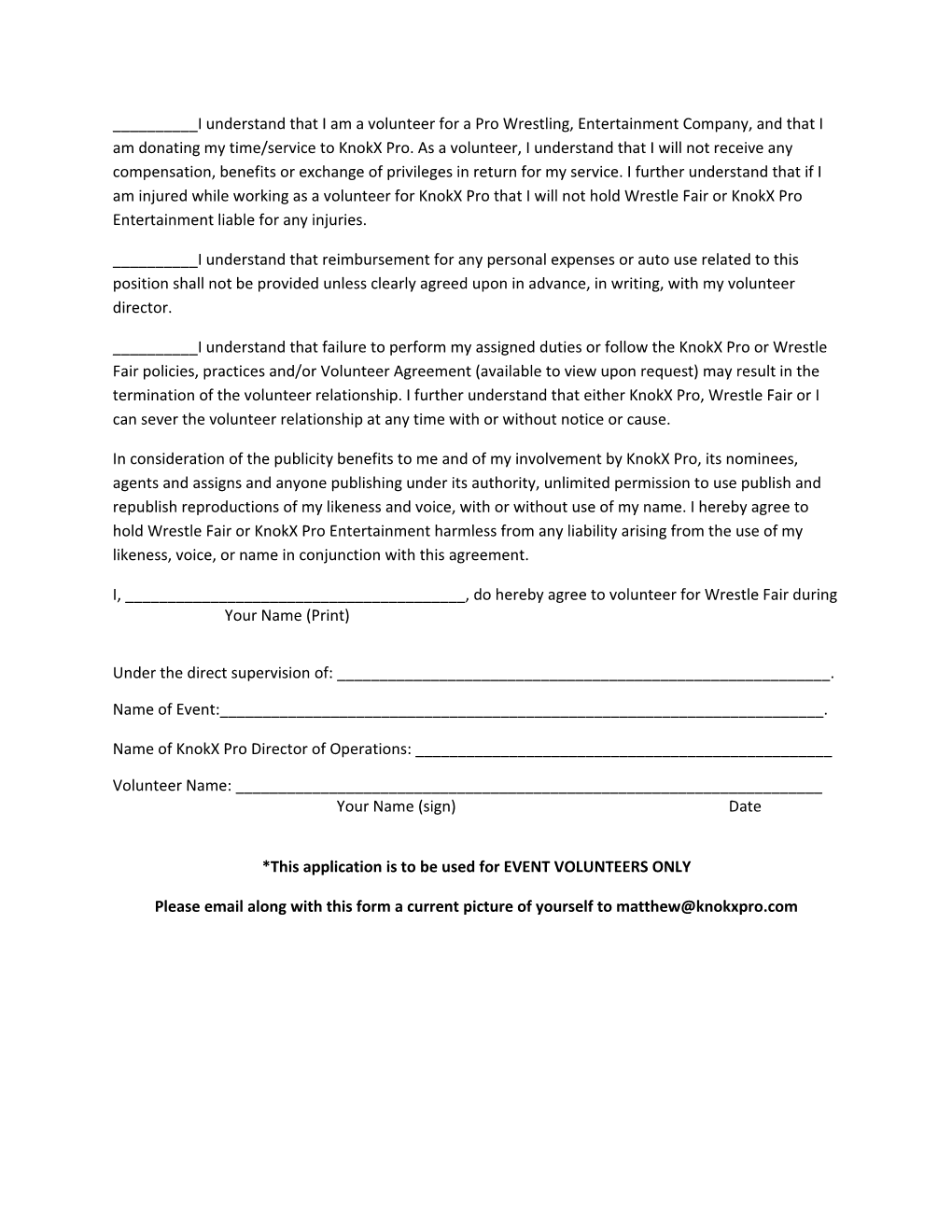 Special Event Volunteer Agreement