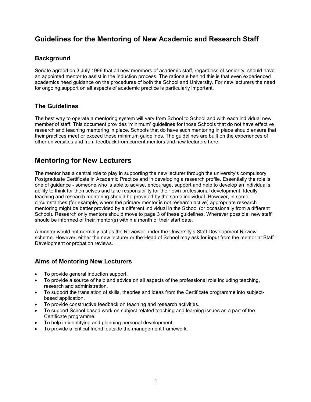Guidelines for the Mentoring of New Academic and Research Staff
