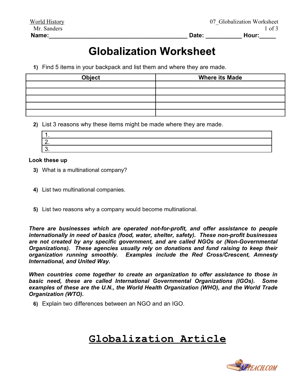 World History 07 Globalization Worksheet
