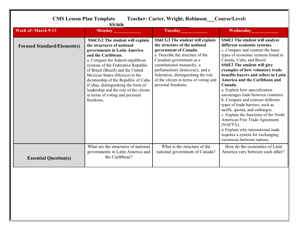 CMS Lesson Plan Template Teacher: Carter, Wright, Robinson___Course/Level: SS/6Th______
