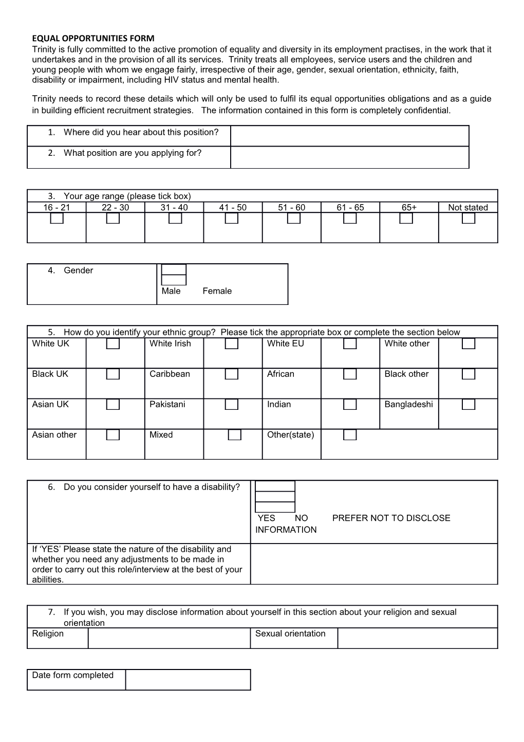 EQUAL OPPORTUNITIES FORM Trinity Is Fully Committed to the Active Promotion of Equality
