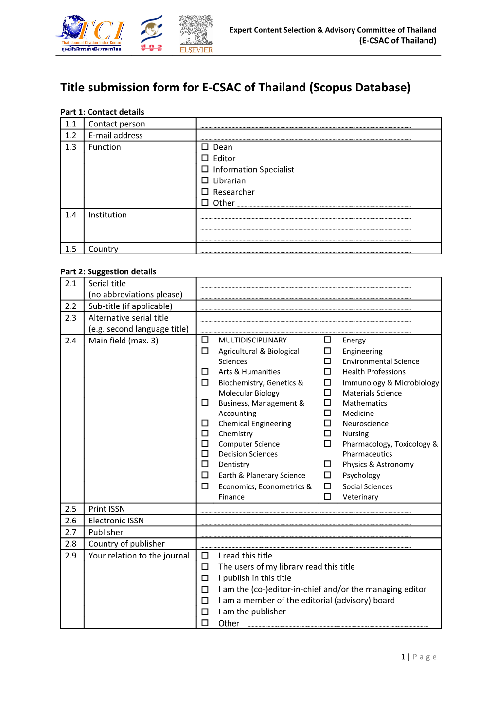 Title Submission Form for E-CSAC of Thailand (Scopus Database)