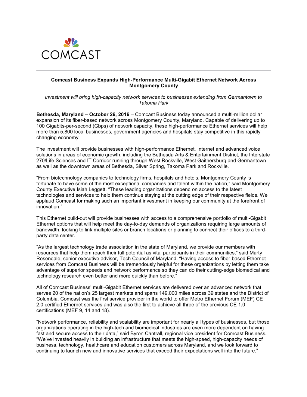 Comcast Business Expands High-Performance Multi-Gigabit Ethernet Network Across Montgomery