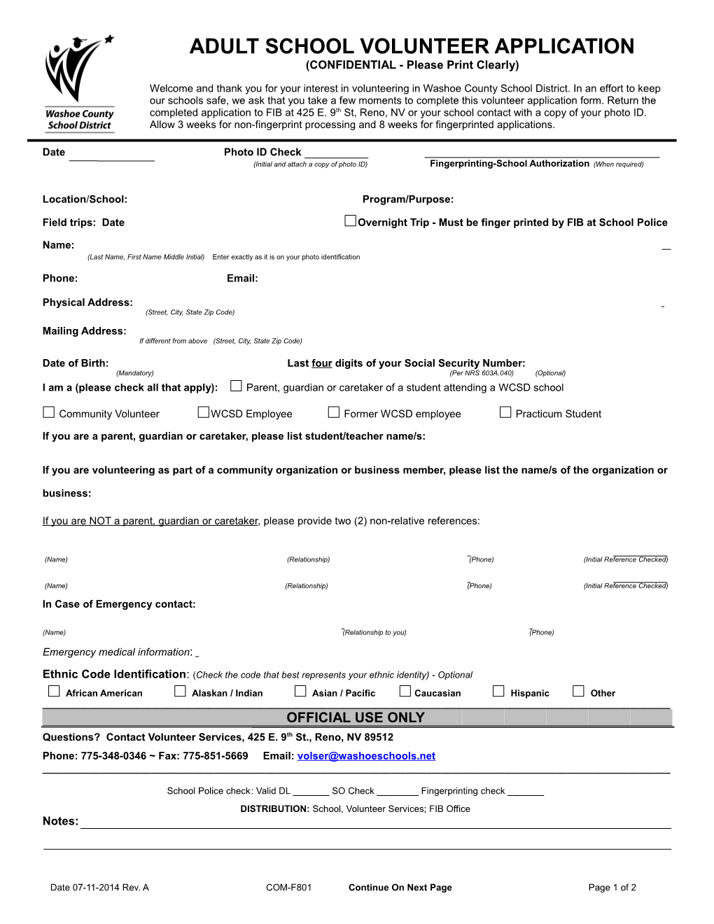 Adult School Volunteer Application