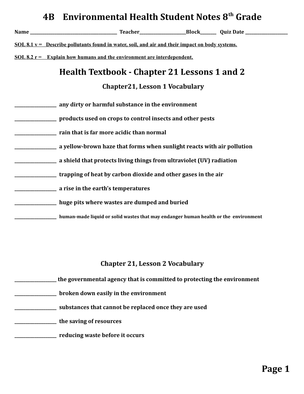 4B Environmental Health Student Notes 8Th Grade