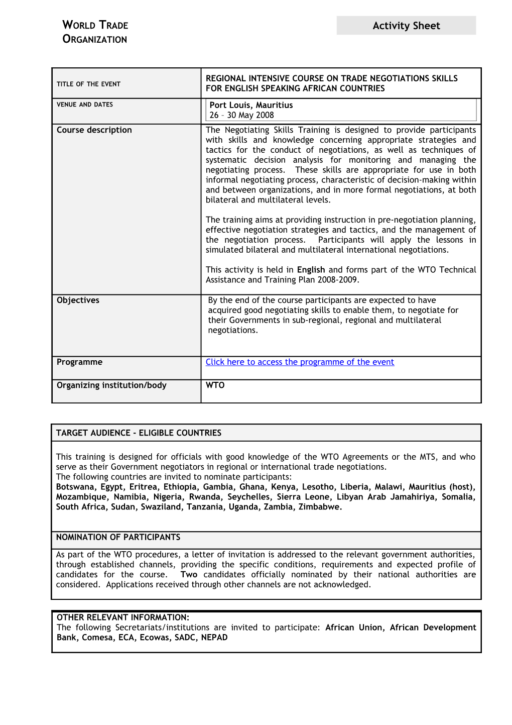 Regional Intensive Course on Trade Negotiations Skills