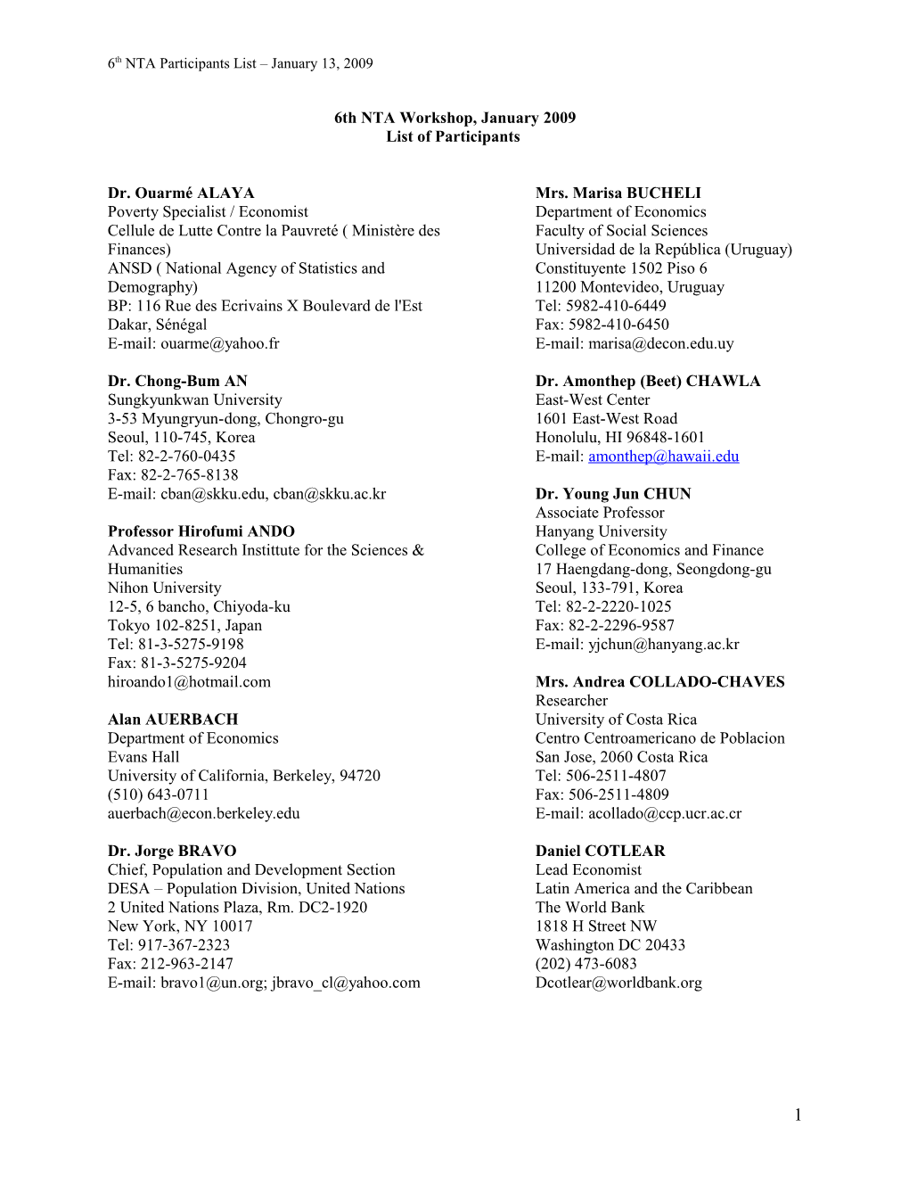 6Th NTA Participants List January 13, 2009