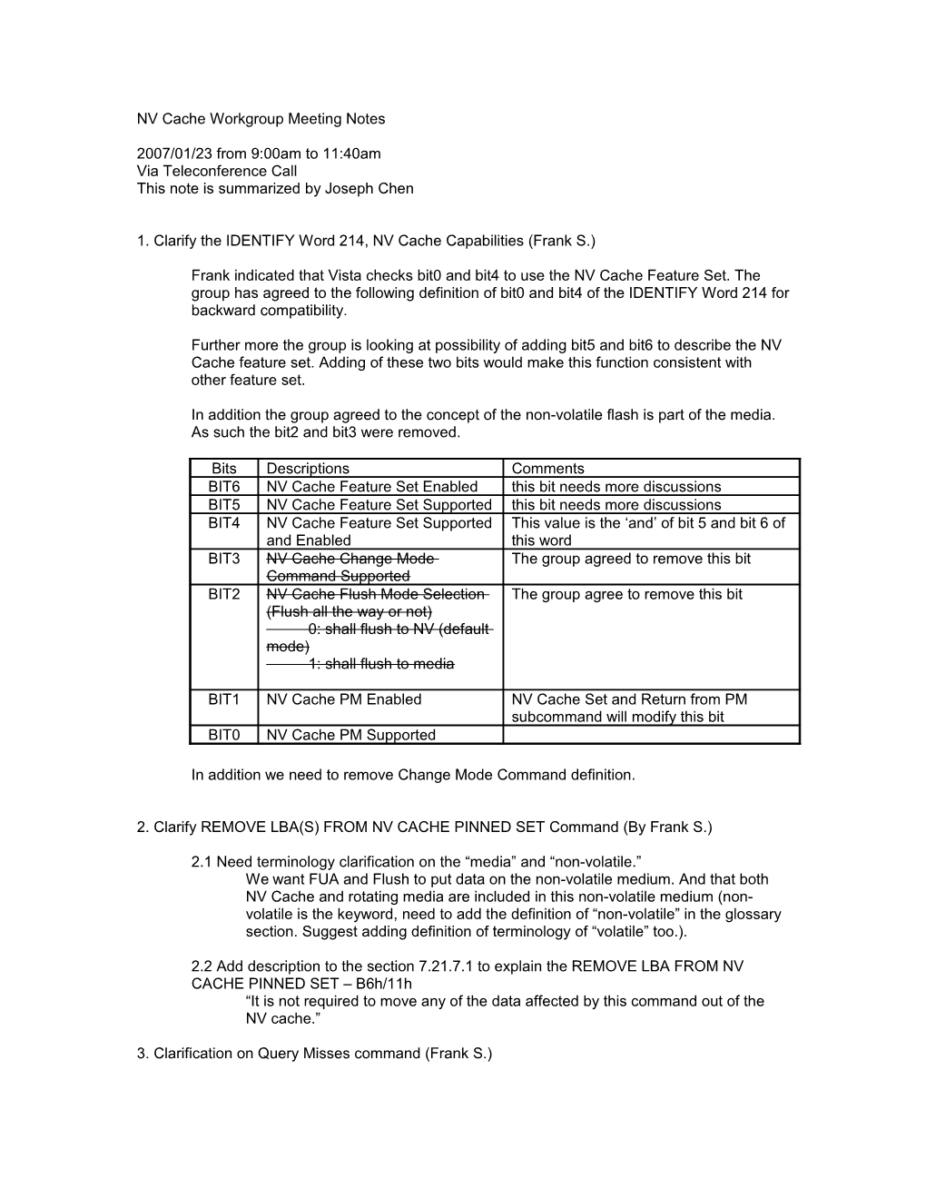 NV Cache Workgroup Meeting Notes