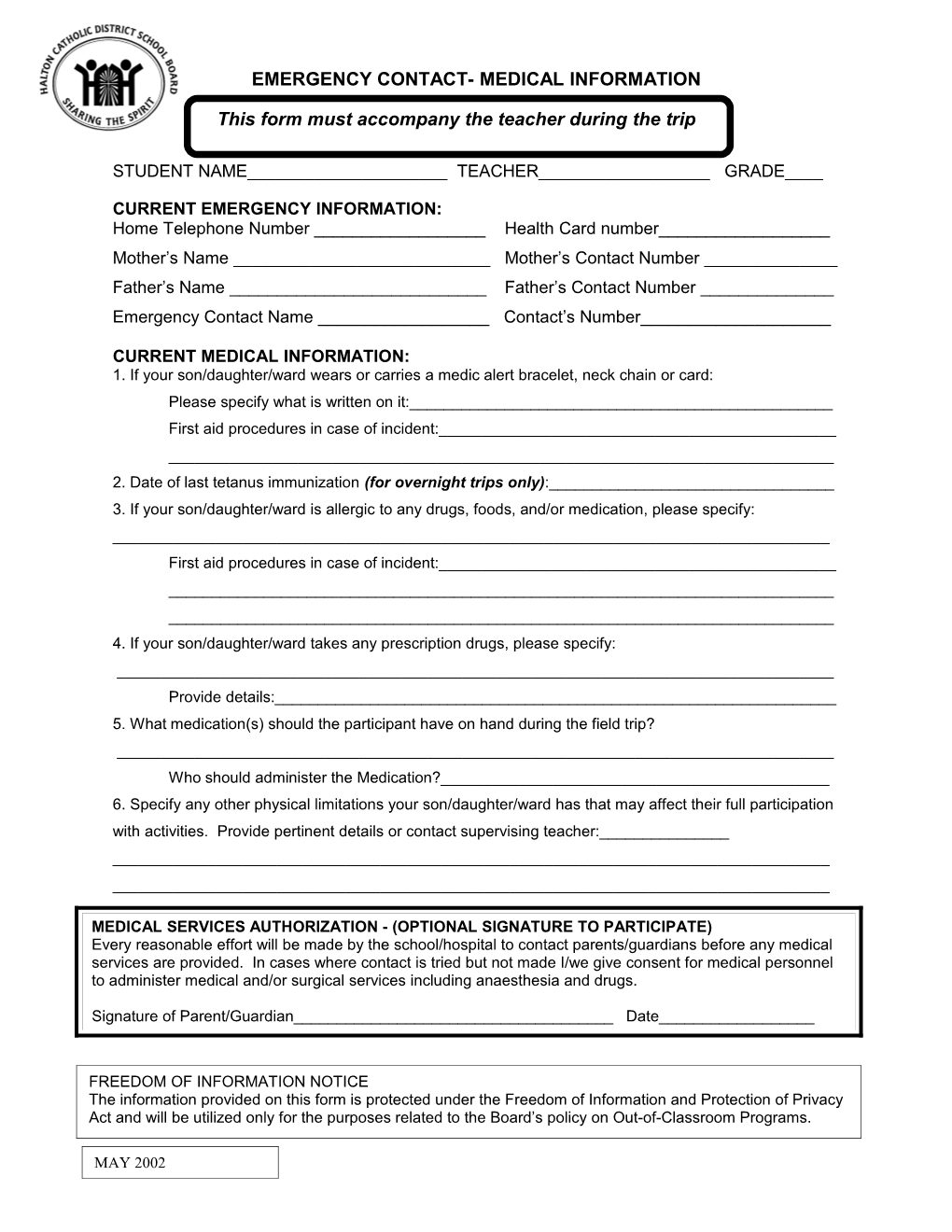 Overnight Outdoor Trip Permission Form