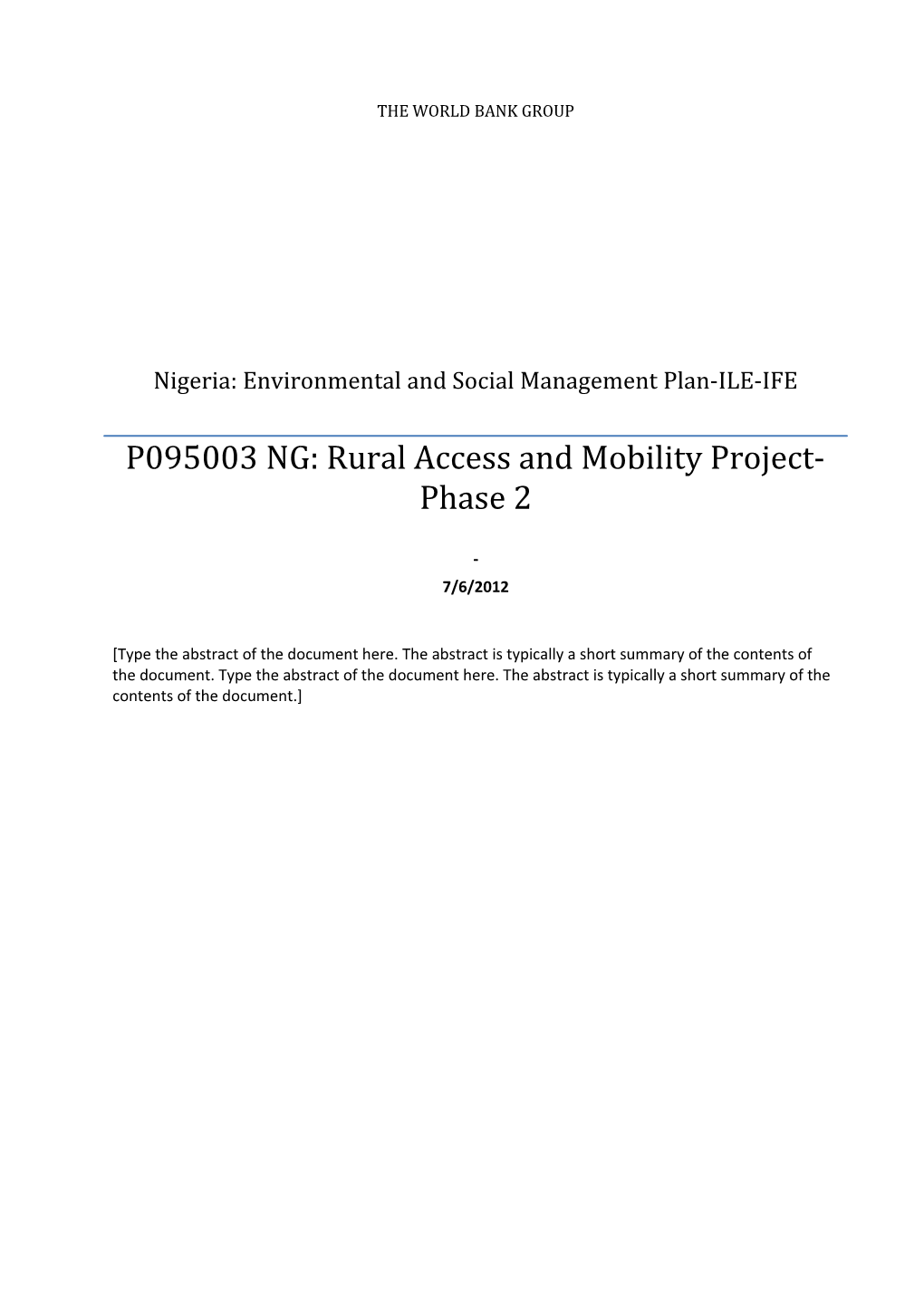 Nigeria: Environmental and Social Management Plan-ILE-IFE