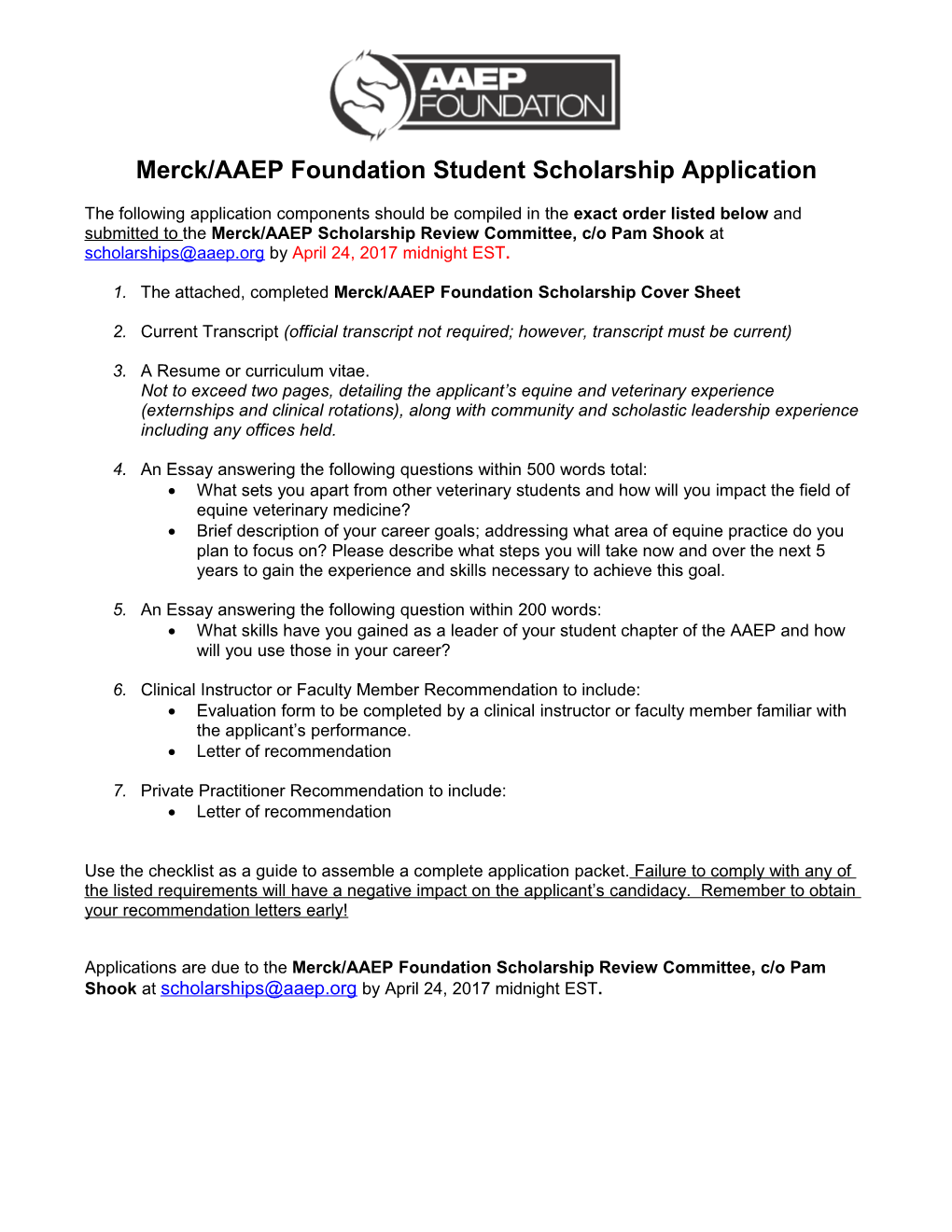 Merck/AAEP Foundationstudent Scholarship Application