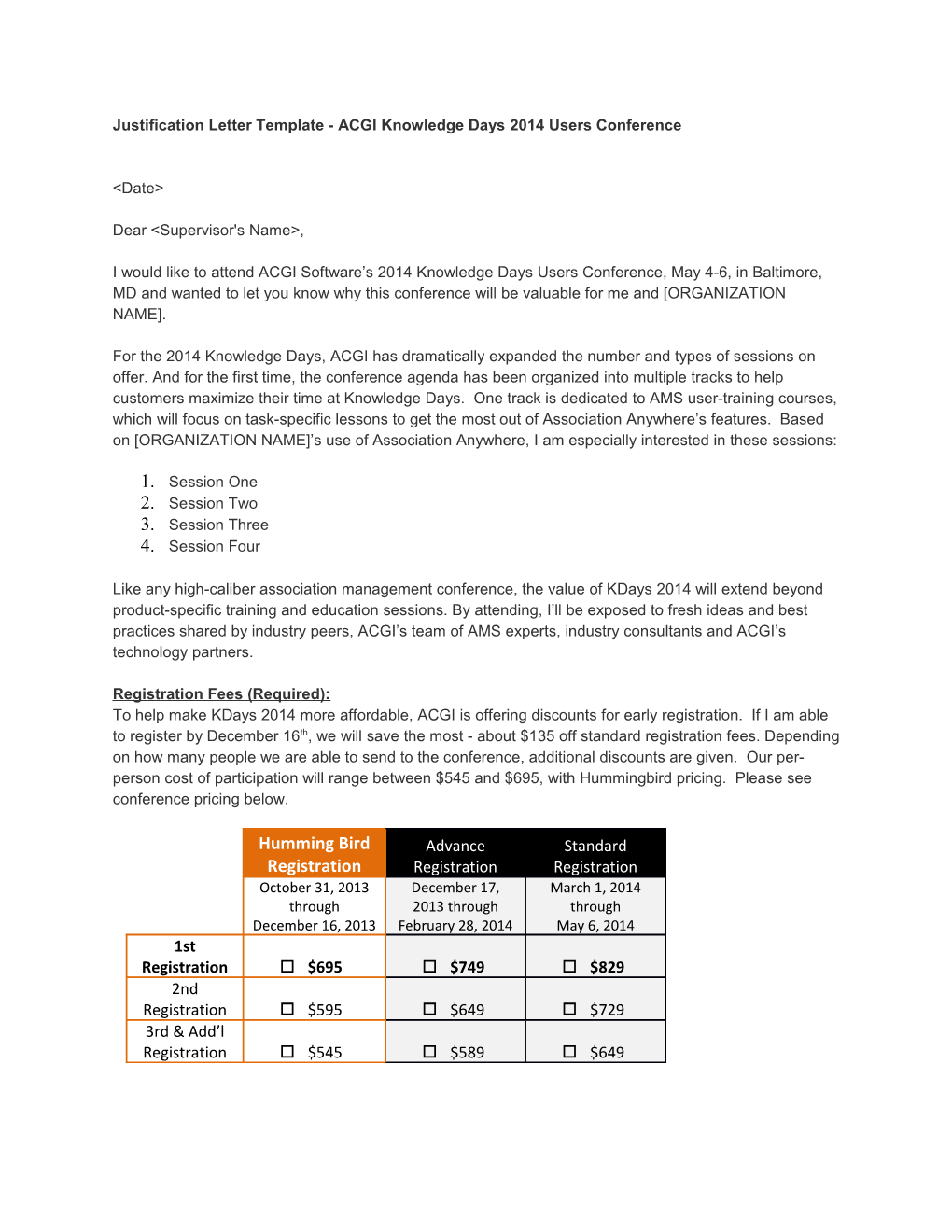 Justification Letter Template - ACGI Knowledge Days 2014 Users Conference