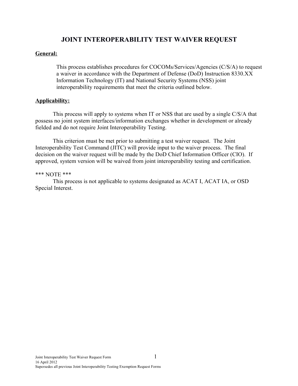 Joint Interoperability Test Waiver Request Form