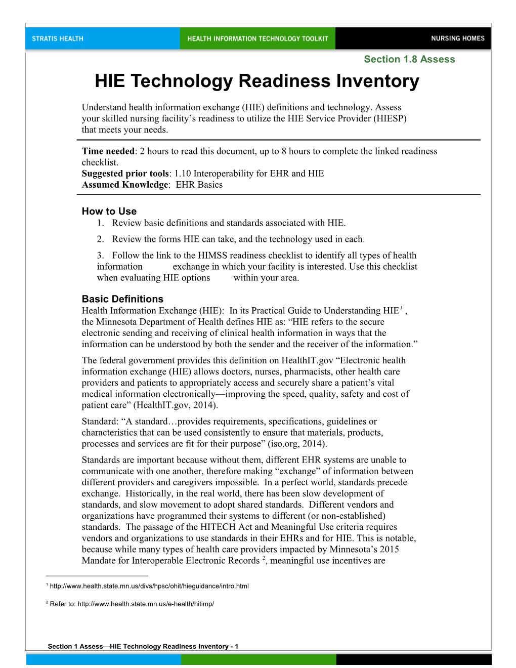 1 HIE Technology Readiness Inventory