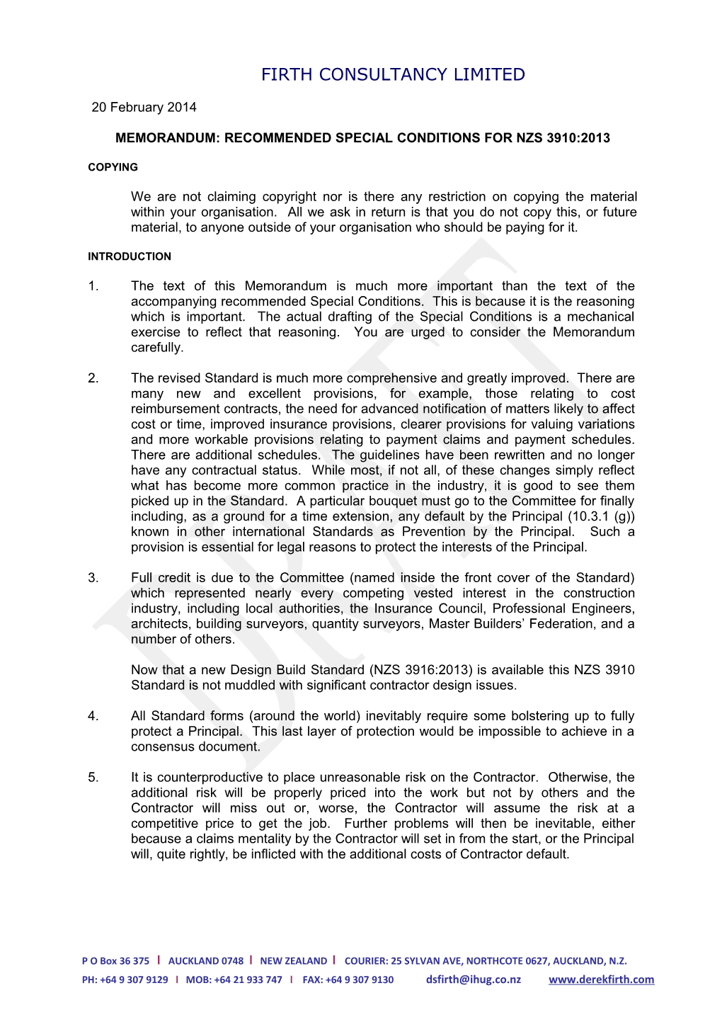 Memorandum: Recommended Special Conditions for Nzs 3910:2013