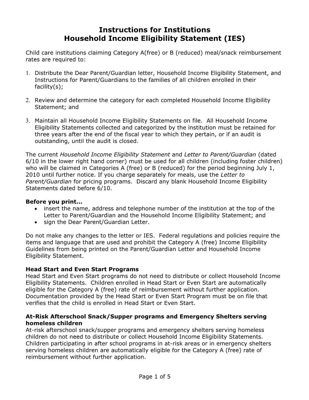 Household Income Eligibility Statement Instructions