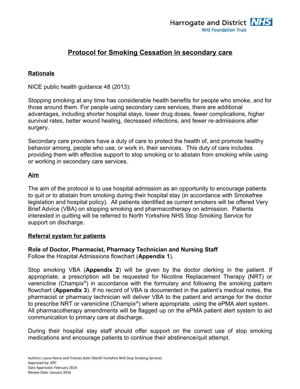 Protocol for Smoking Cessation in Secondary Care