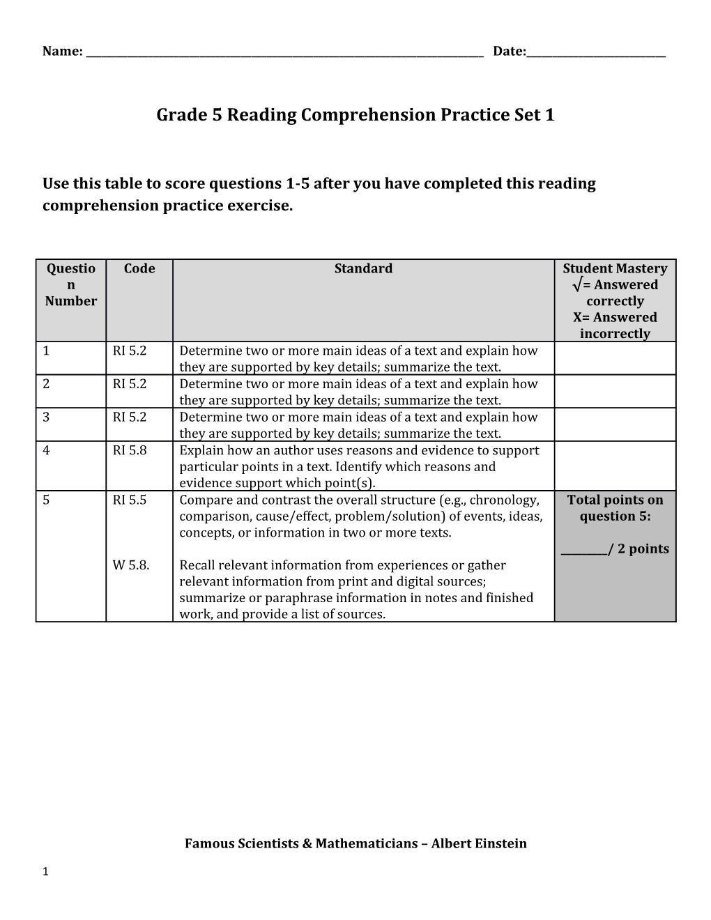 Grade 5 Reading Comprehension Practice Set 1