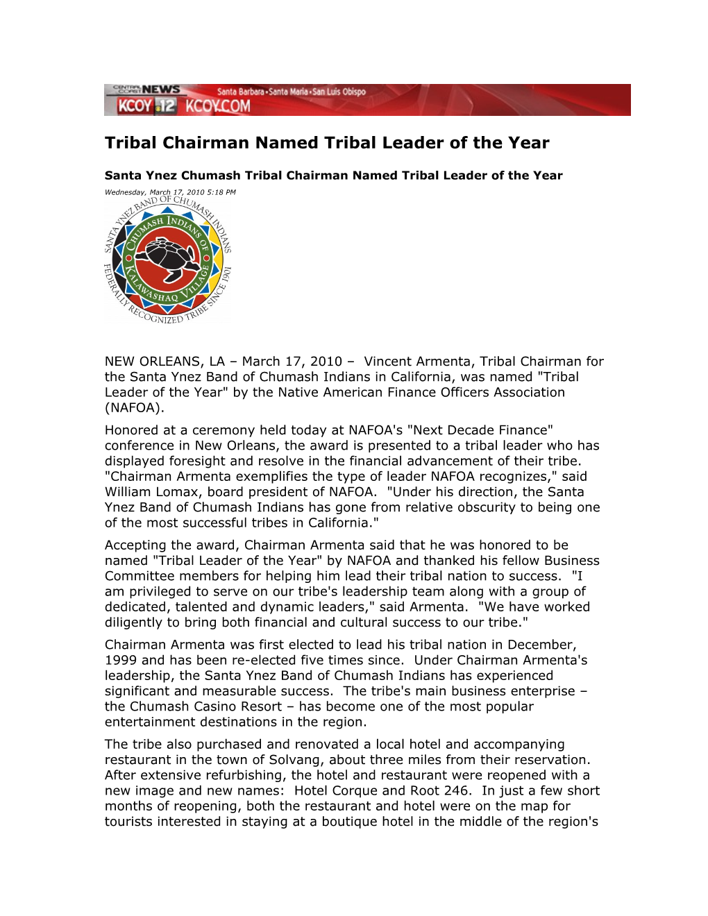 Tribal Chairman Named Tribal Leader of the Year