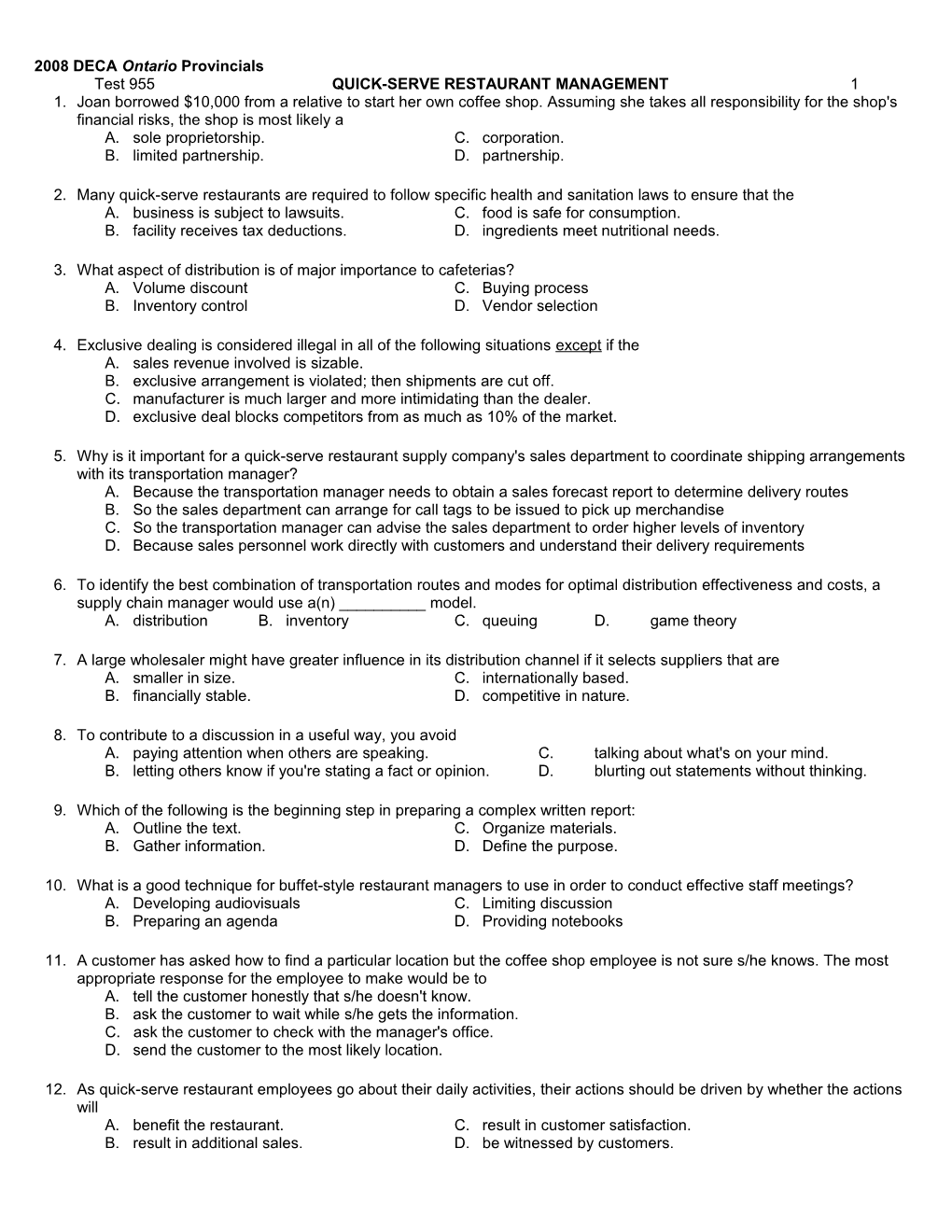 Test 955 QUICK-SERVE RESTAURANT MANAGEMENT 1