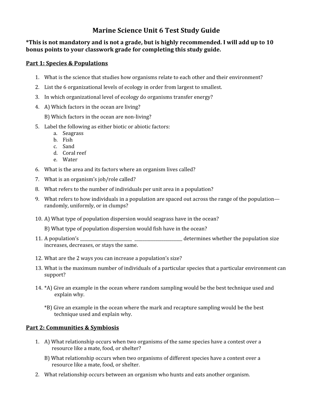 Marine Science Unit 6 Test Study Guide