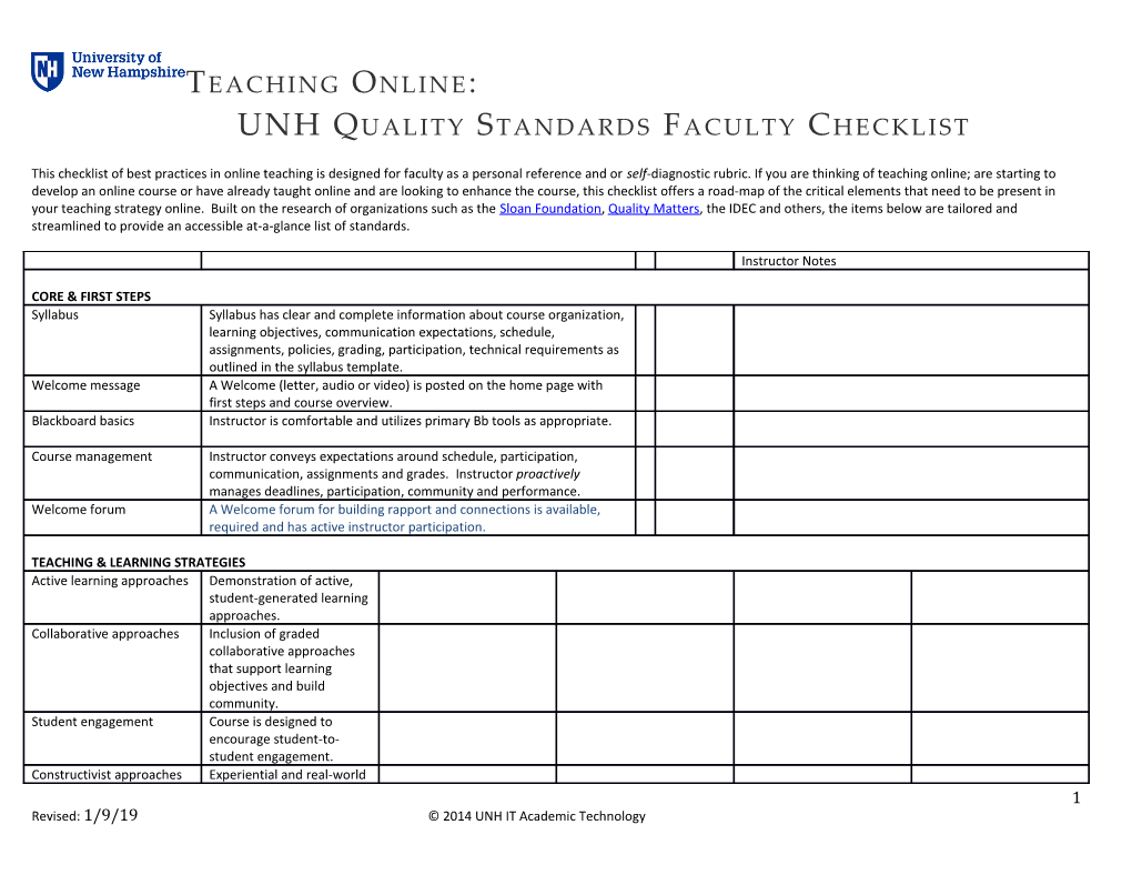 UNH Quality Standardsfaculty Checklist