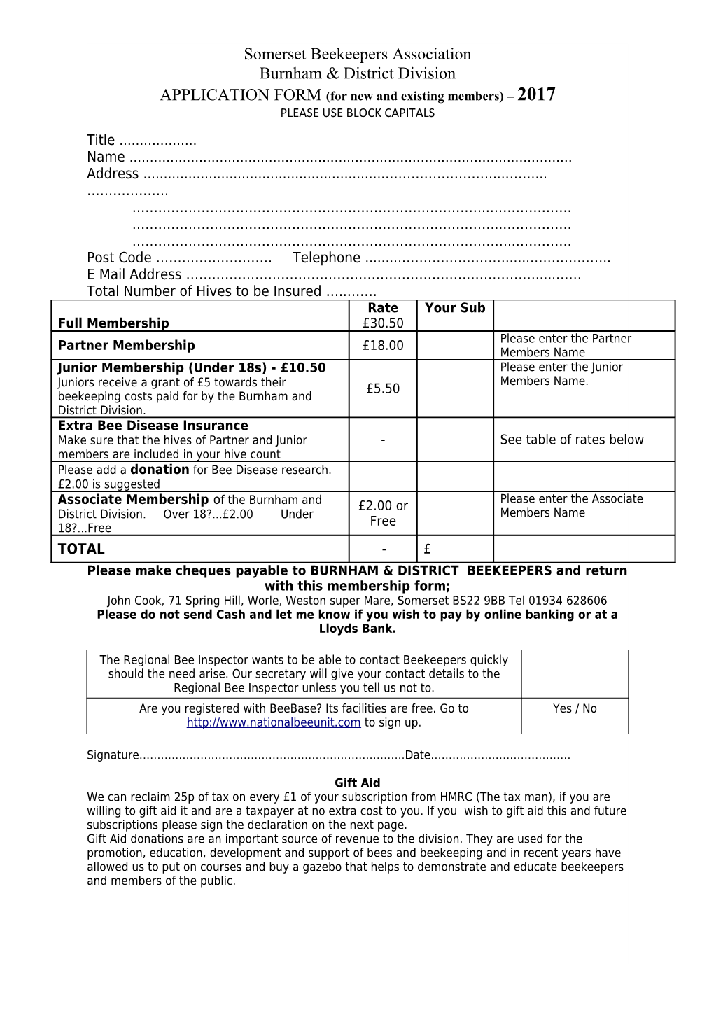Burnham Beekeepers Membership Form 2015