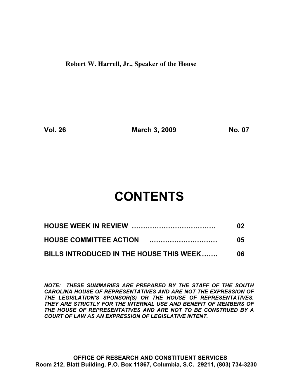 Legislative Update - Vol. 26 No. 07 March 3, 2009 - South Carolina Legislature Online