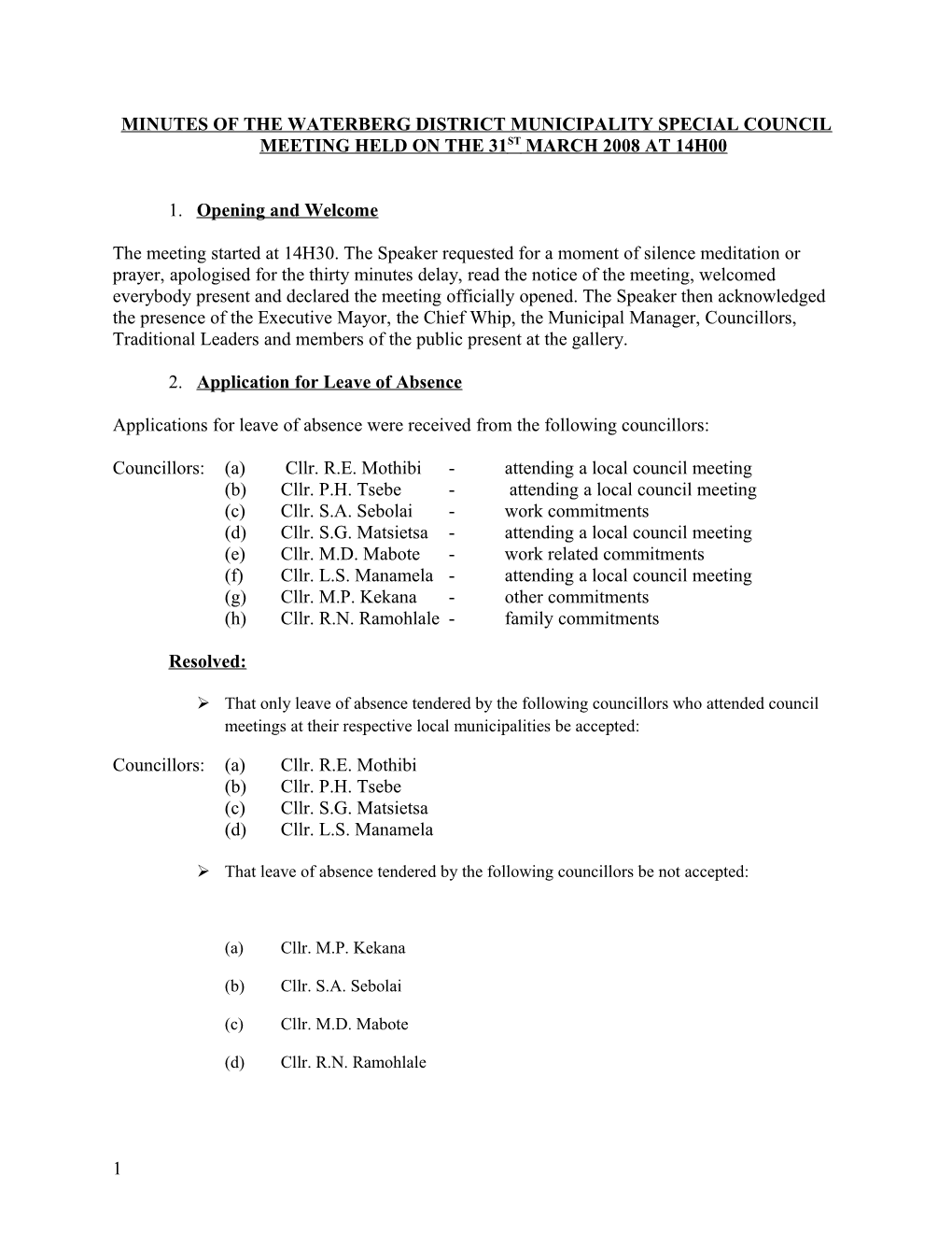 Minutes of the Waterberg District Municipality Special Council Meeting Held on the 31Stmarch