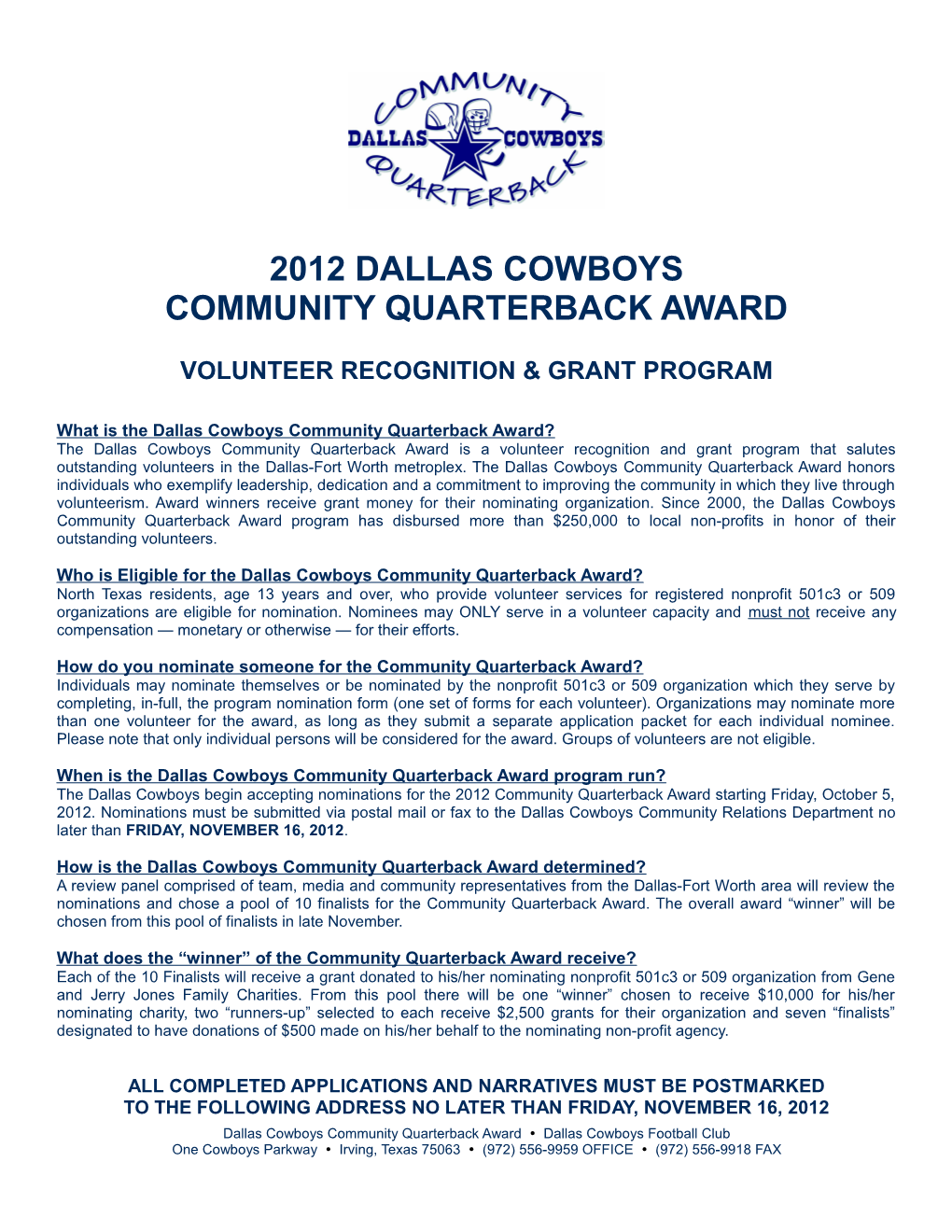 What Is the Dallas Cowboys Community Quarterback Award?
