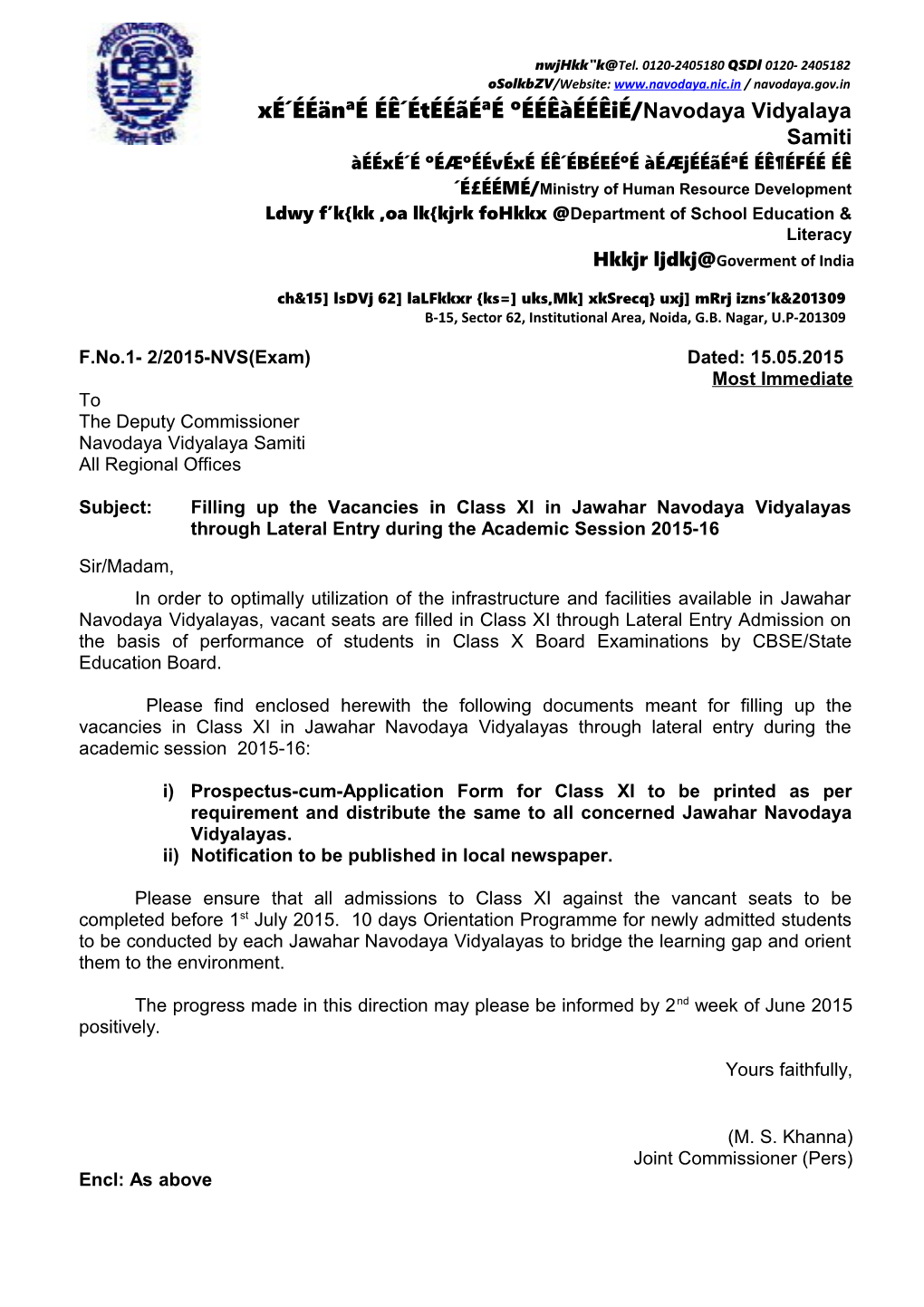 F.No.1- 2/2015-NVS(Exam) Dated:15.05.2015