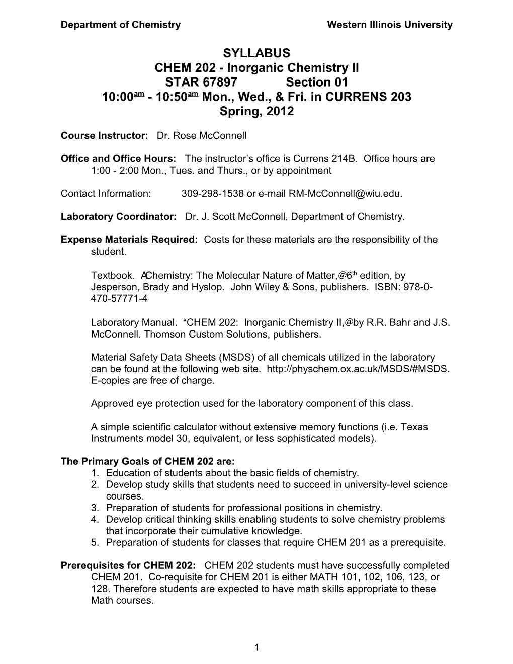 Department of Chemistrywestern Illinois University