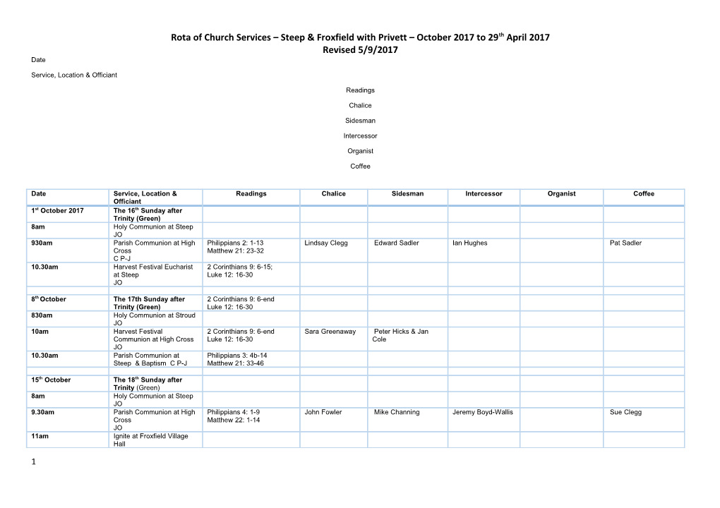 Rota of Church Services Steep & Froxfield with Privett October 2017 to 29Th April 2017