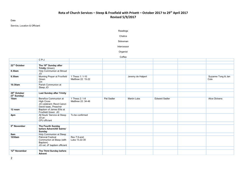 Rota of Church Services Steep & Froxfield with Privett October 2017 to 29Th April 2017