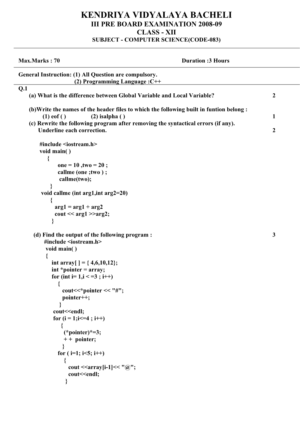 Iii Pre Board Examination 2008-09