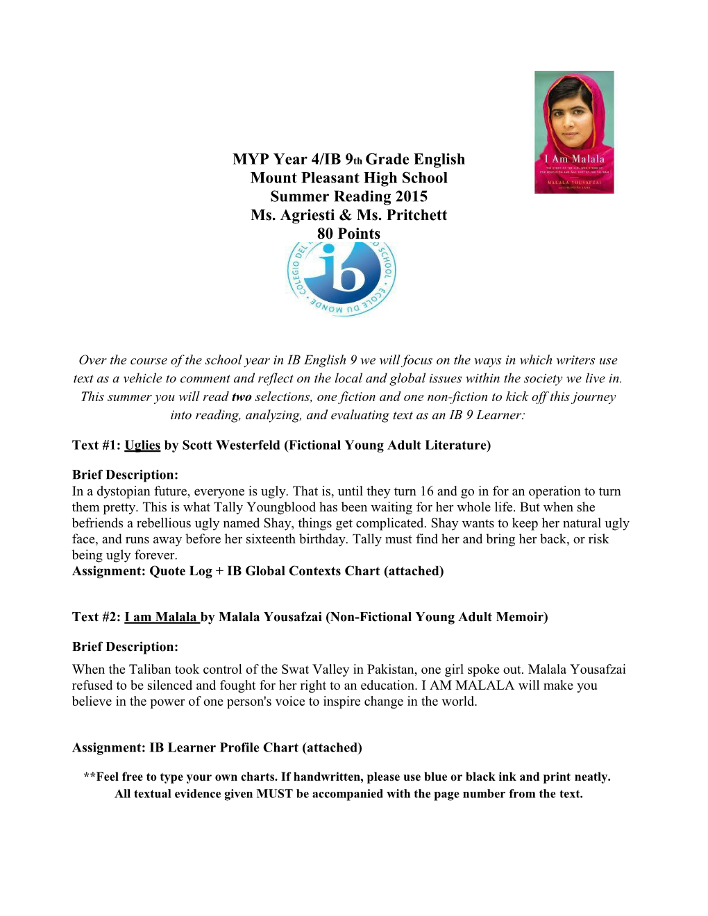 MYP Year 4/IB 9Th Gradeenglish Mount Pleasant Highschool Summer Reading2015