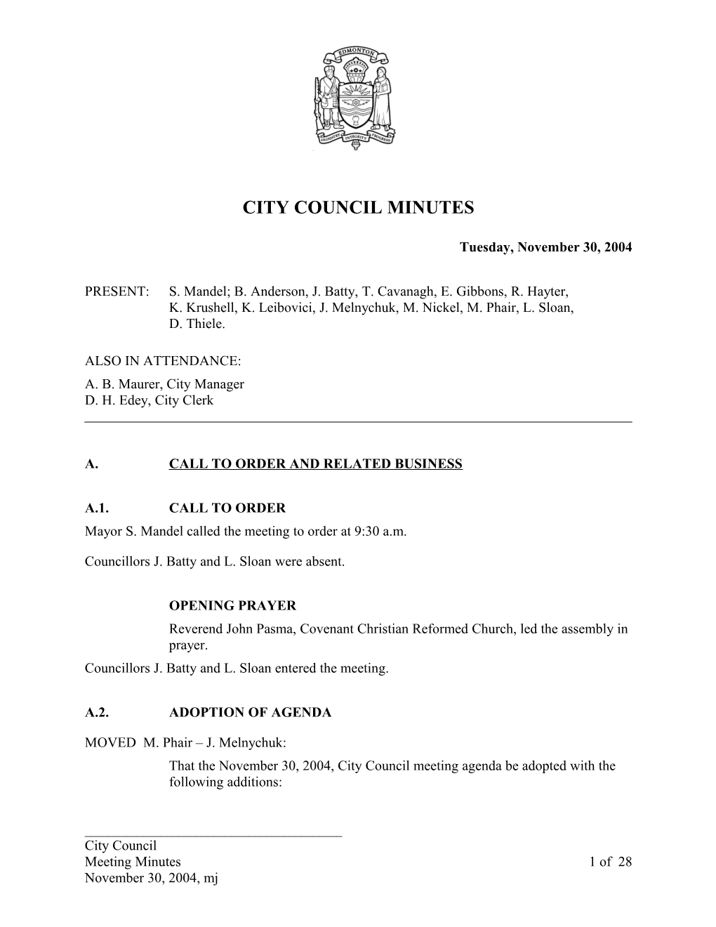 Minutes for City Council November 30, 2004 Meeting