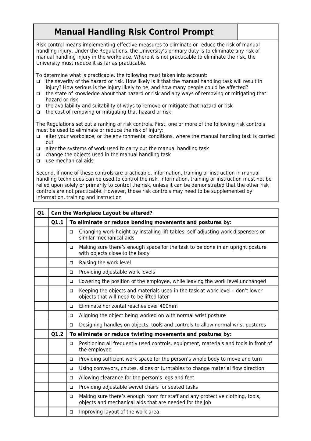 Manual Handling Risk Control Prompt Sheetpage 1