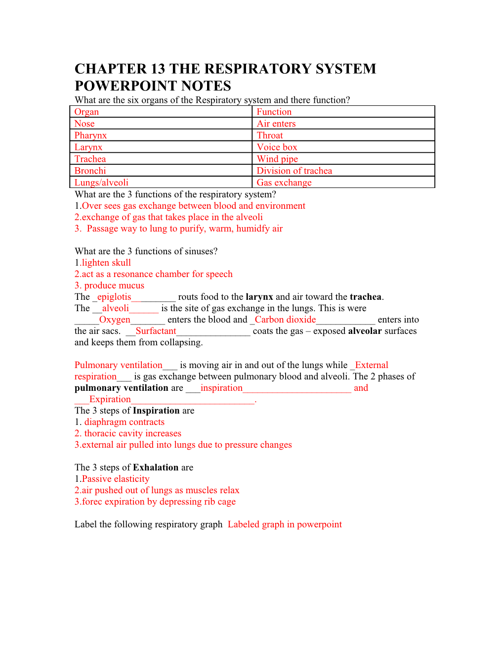 Chapter 13 the Respiratory System Powerpoint Notes