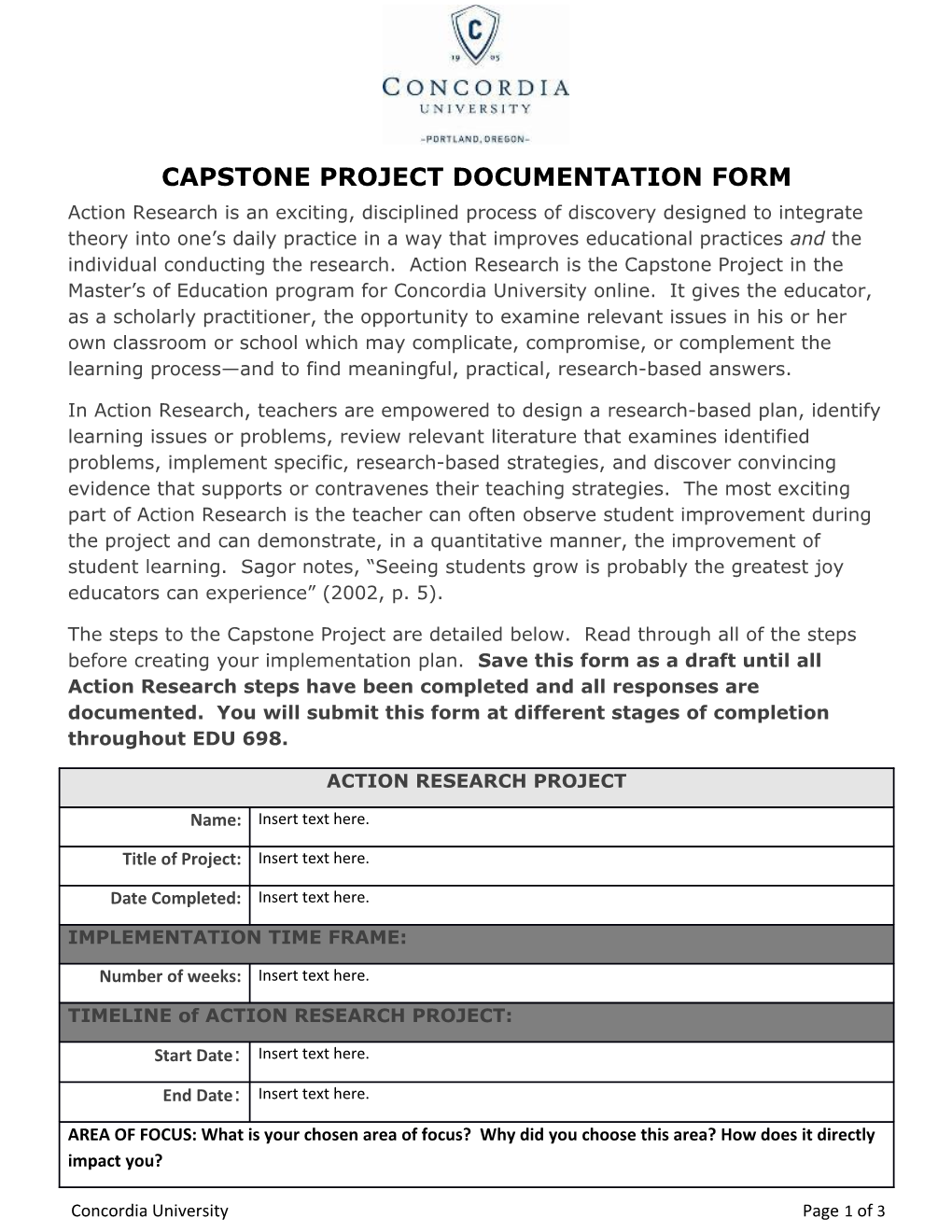 Capstone Project Documentation Form