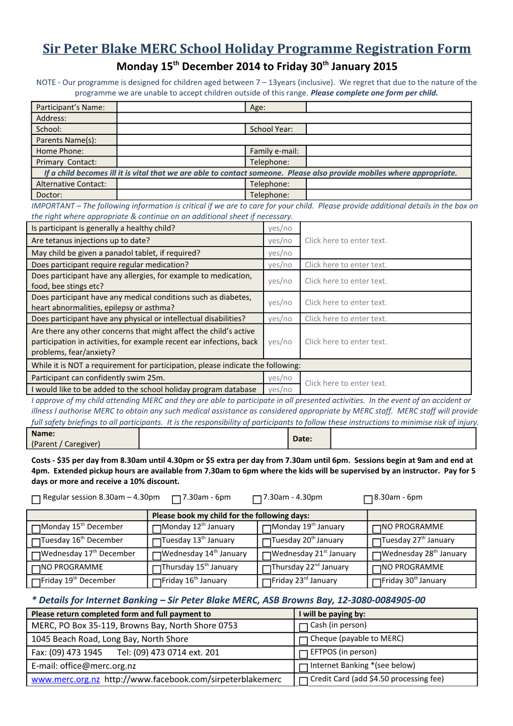 Sir Peter Blake MERC School Holiday Programme Registration Form