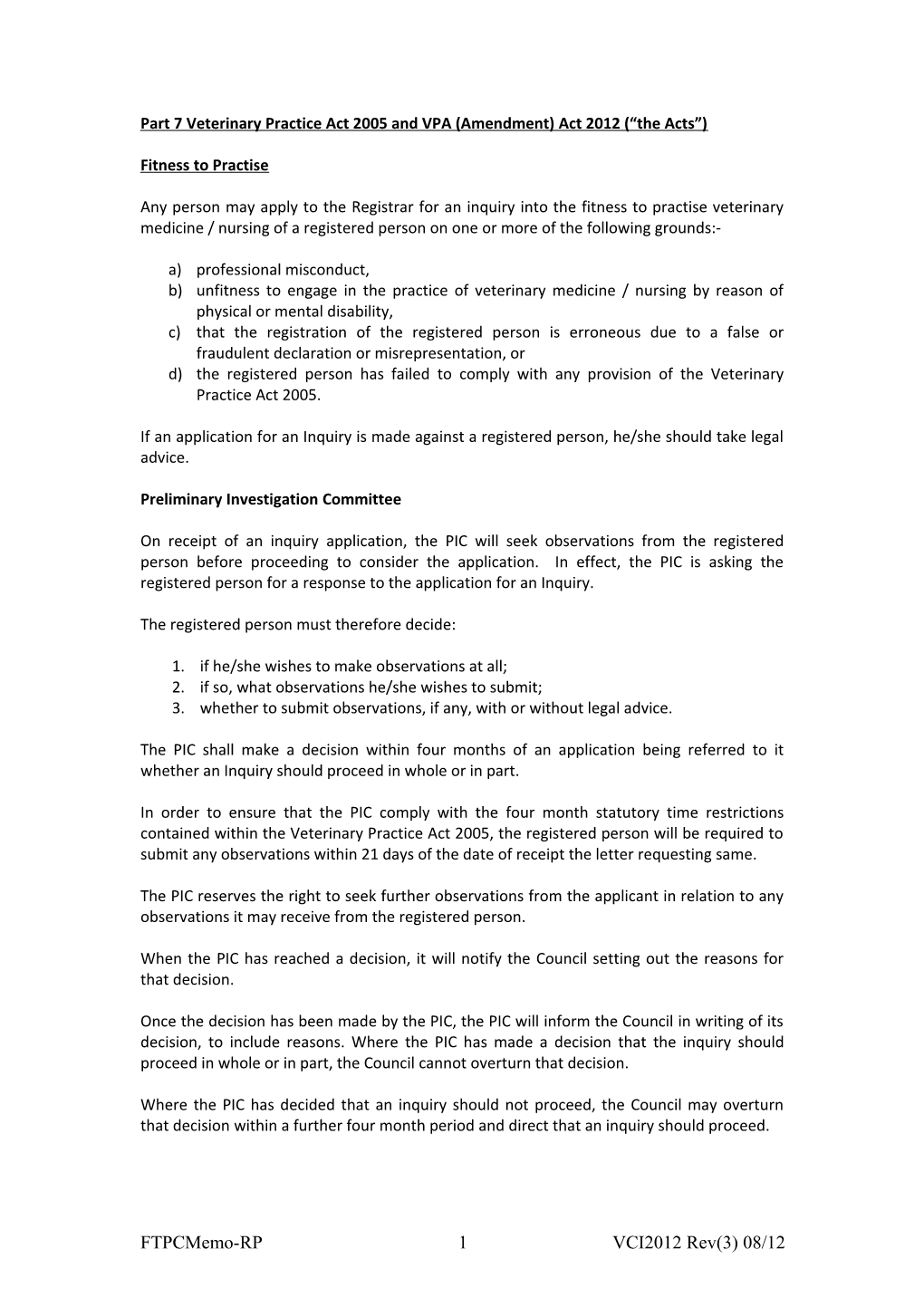 Memorandum for the Registered Person