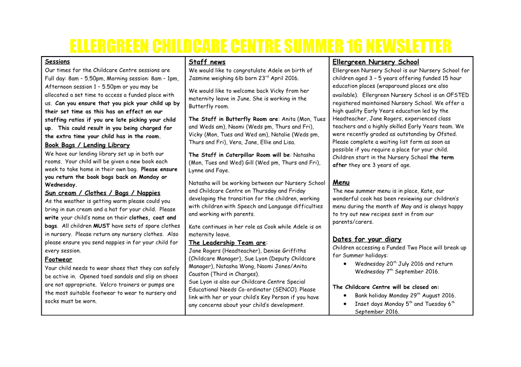 Ellergreen Childcare Centre Summer 16 Newsletter