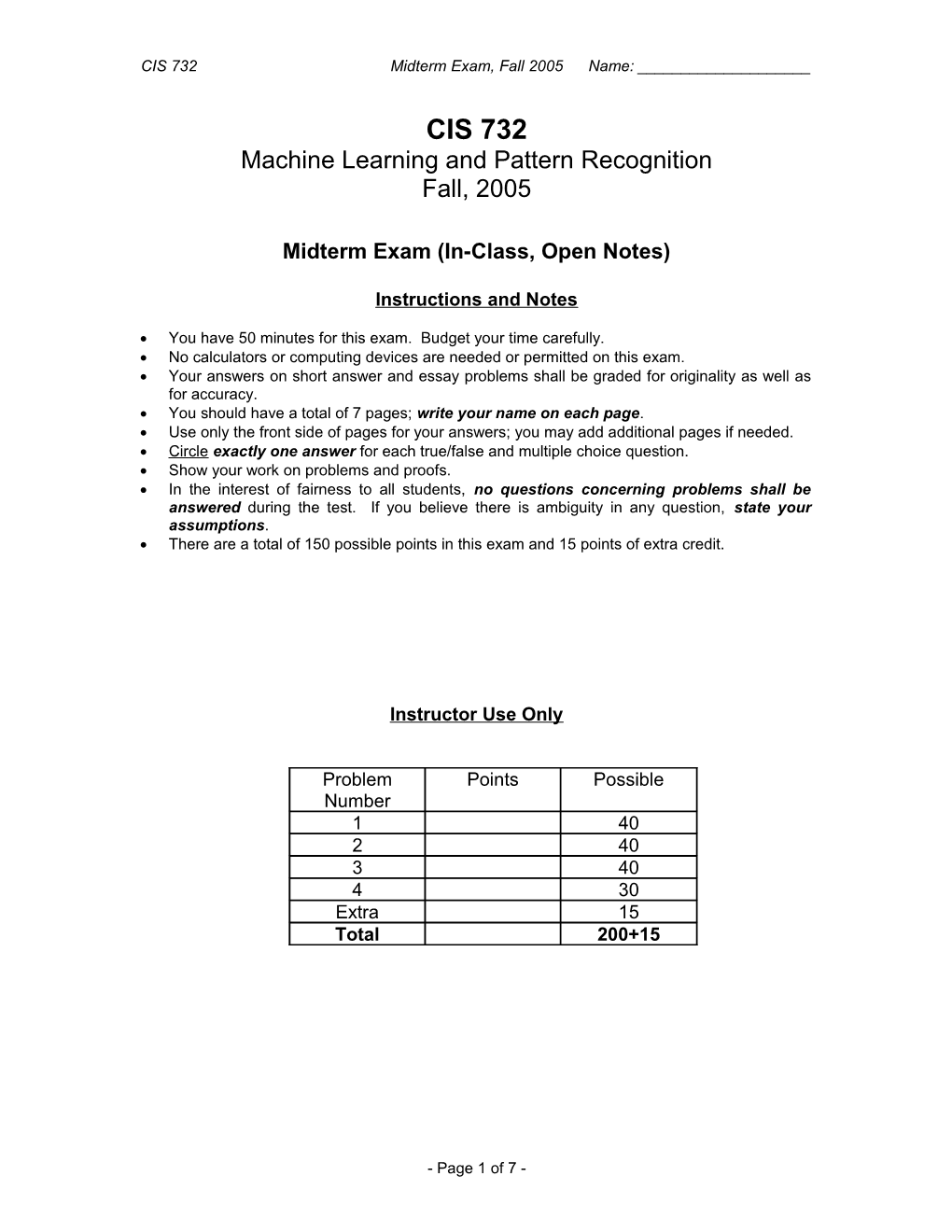 CIS 732, Fall 2001: Machine Learning and Pattern Recognition - Homework 1 of 6 (Problem Set)