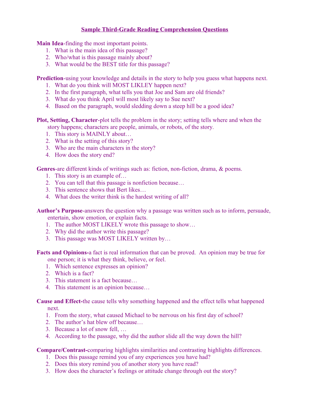 Sample Reading Comprehension Questions