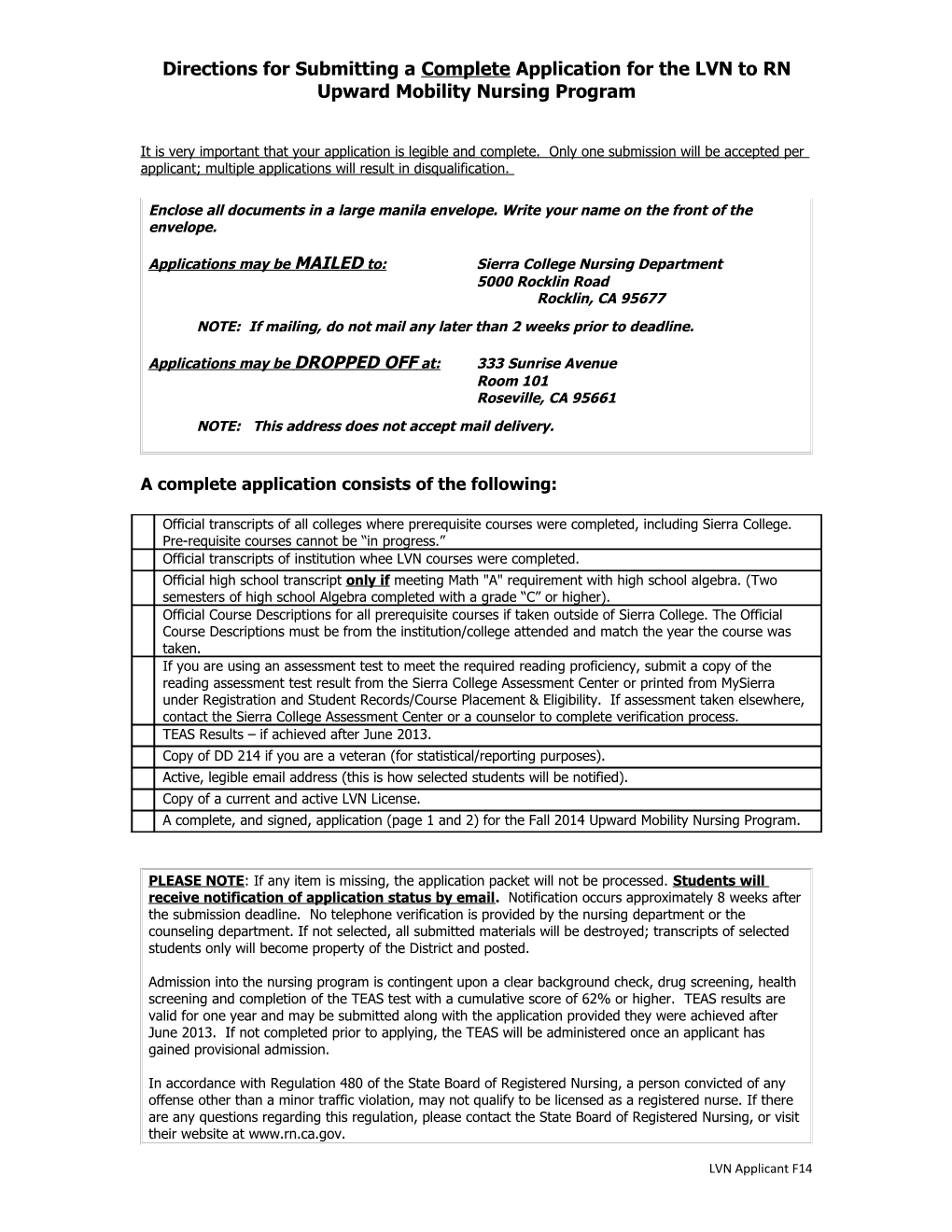 Directions for Submitting a Complete Application for the LVN to RN Upward Mobility Nursing