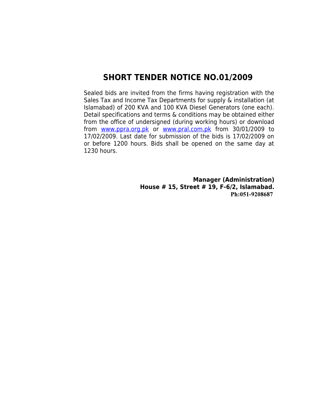 Short Tender Notice No.01/2009
