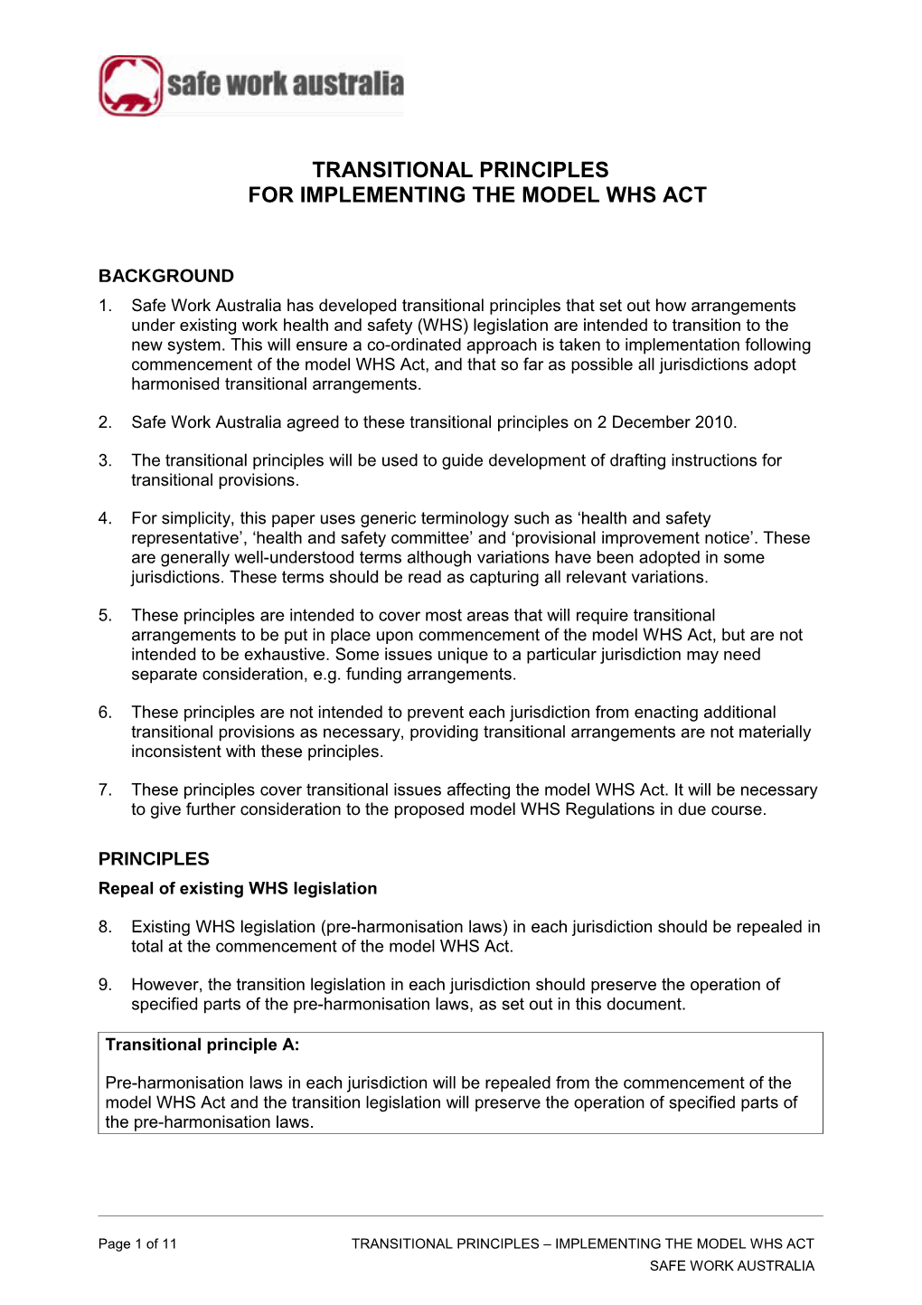 Transitional Principles for Implementing the Model WHS Act