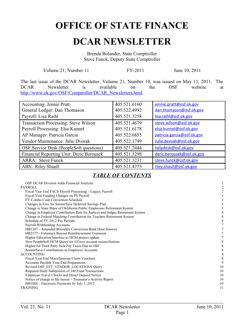 Office of State Finance DCAR Newsletter, June 10, 2011